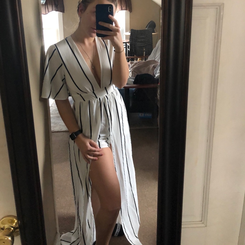 White and black striped Romper/maxi dress